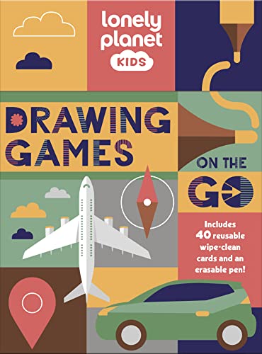 Colorful book cover with drawing games, travel icons, and a pen.