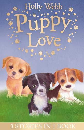 Book cover with three sad-looking puppies in grass, titled "Puppy Love".