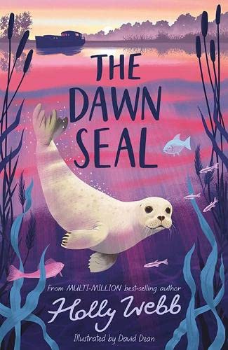 A seal swims underwater in a lake with reeds, fish, and a distant boat.
