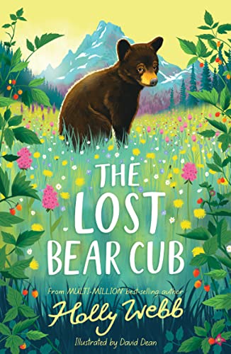 Book cover: a black bear cub in a wildflower meadow with mountains.