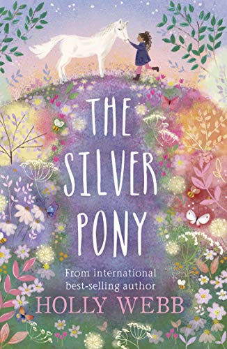 Book cover: girl reaching toward a white pony on a floral hill.