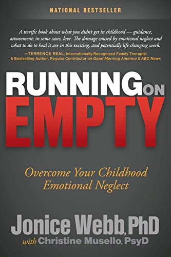 "Book cover with dark green background, 'RUNNING ON EMPTY' in large red and white text."