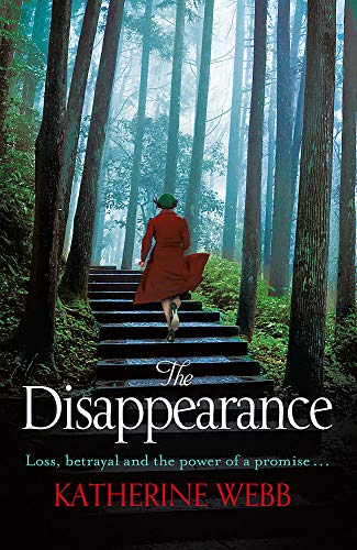 Book cover: woman in red climbs stone stairs into a dark forest.