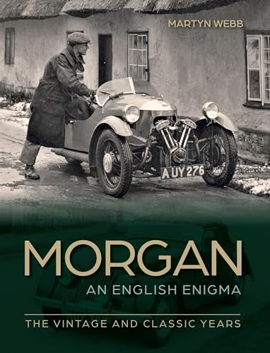 Vintage Morgan car with a man pushing it, book cover illustration.