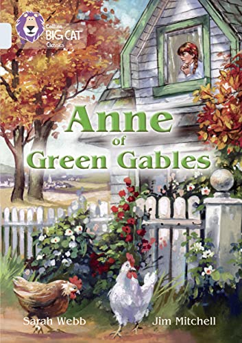 Book cover: “Anne of Green Gables” with a house, garden, and chickens.
