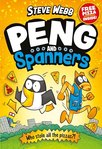 Book cover featuring a cartoon penguin and cat running with pizza slices on yellow.