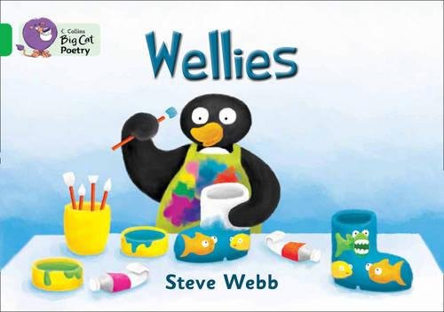 Book cover: penguin painting wellington boots with bright colors.