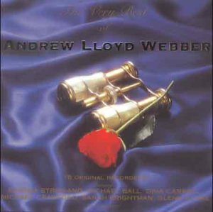 CD cover for Andrew Lloyd Webber’s “Very Best” with champagne bottles and a rose.