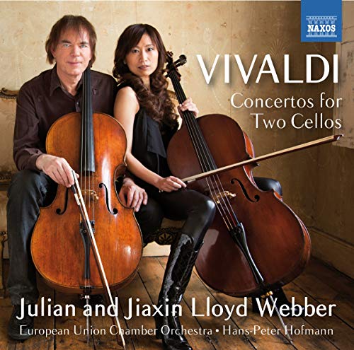 Two musicians seated with cellos, cover text reads "Vivaldi: Concertos for Two Cellos."
