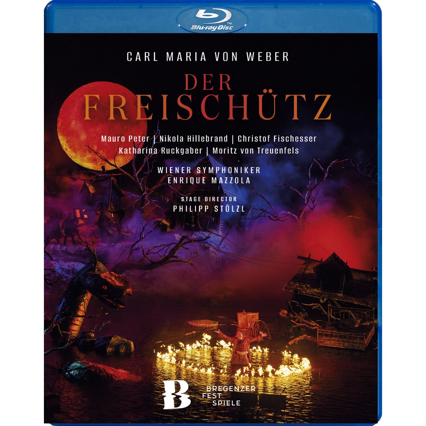 Blu-ray cover for Der Freischütz featuring a dark, dramatic stage scene with fire.