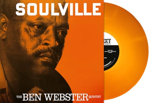 Orange vinyl record of Ben Webster’s “Soulville” with album cover portrait.