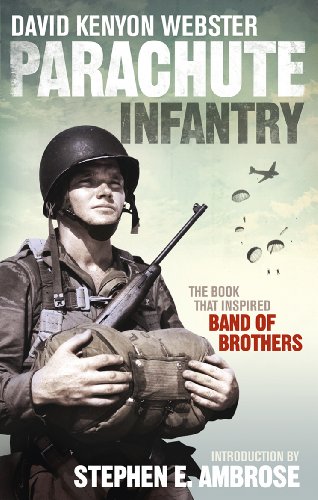 Book cover: Soldier with helmet and rifle, titled "Parachute Infantry.