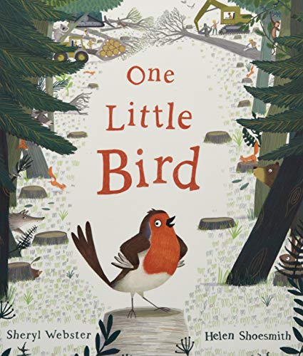 Book cover: illustrated robin in a forest with construction vehicles.