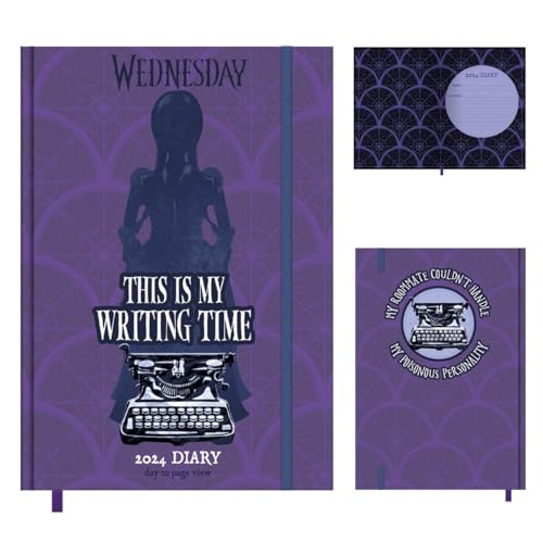 Purple "Wednesday" diary with silhouette, typewriter, and interior page views.