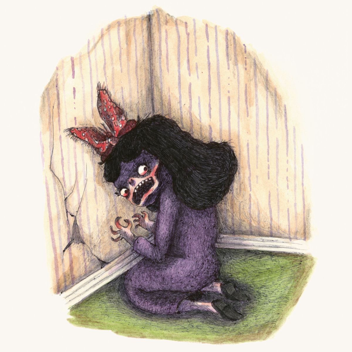 Hand-drawn illustration of a monstrous figure emerging from a cracked wall.