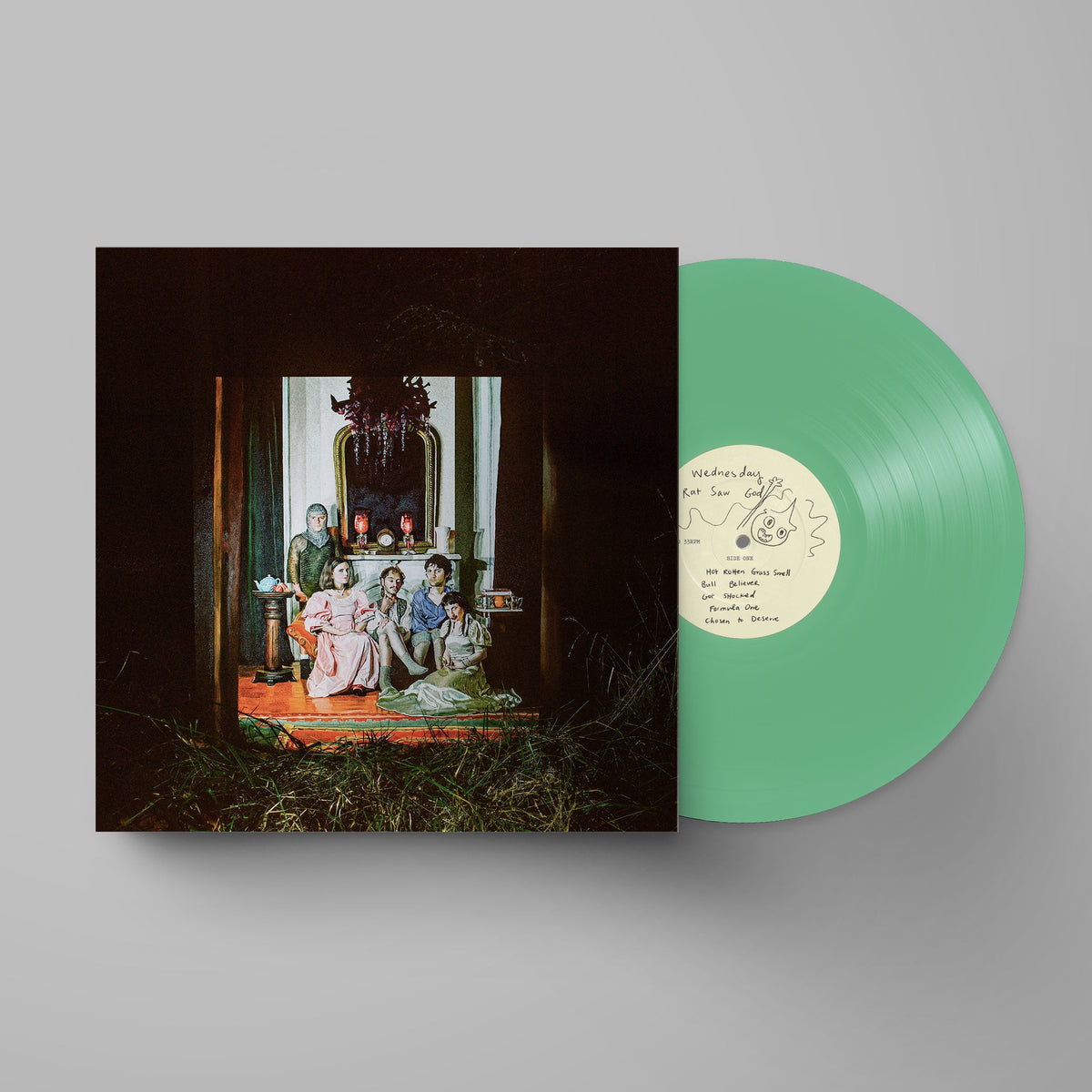 Green vinyl LP of Wednesday’s “Rat Saw God” with painted family portrait cover.