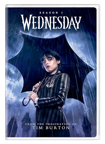 Wednesday" DVD cover featuring Jenna Ortega as Wednesday Addams with an umbrella.