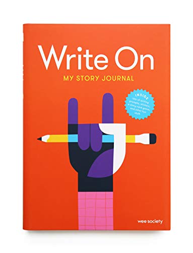 Orange journal cover with hand holding a pencil, text reads "Write On.
