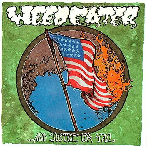 Weedeater album cover featuring a flaming American flag inside a circle on green background.