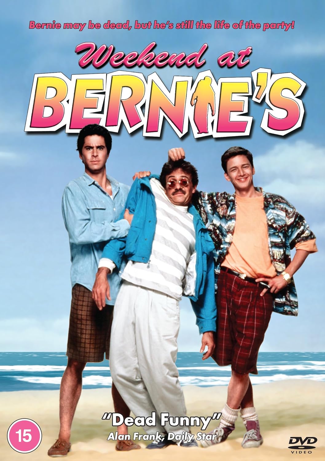 DVD cover for "Weekend at Bernie's" featuring two men flanking a seemingly lifeless man.