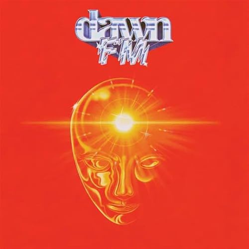 “Dawn FM” album cover: red background, stylized face with radiating light.