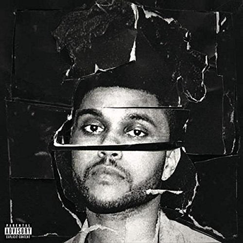 Black and white portrait of The Weeknd with a fractured, taped effect.