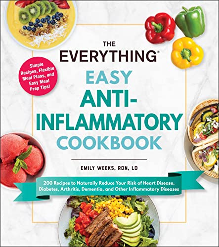 The Everything Easy Anti-Inflammatory Cookbook cover with photos of healthy food on marble background.