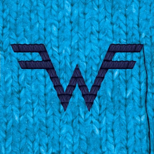 Blue knitted texture with dark brown “W” logo, Weezer album cover.