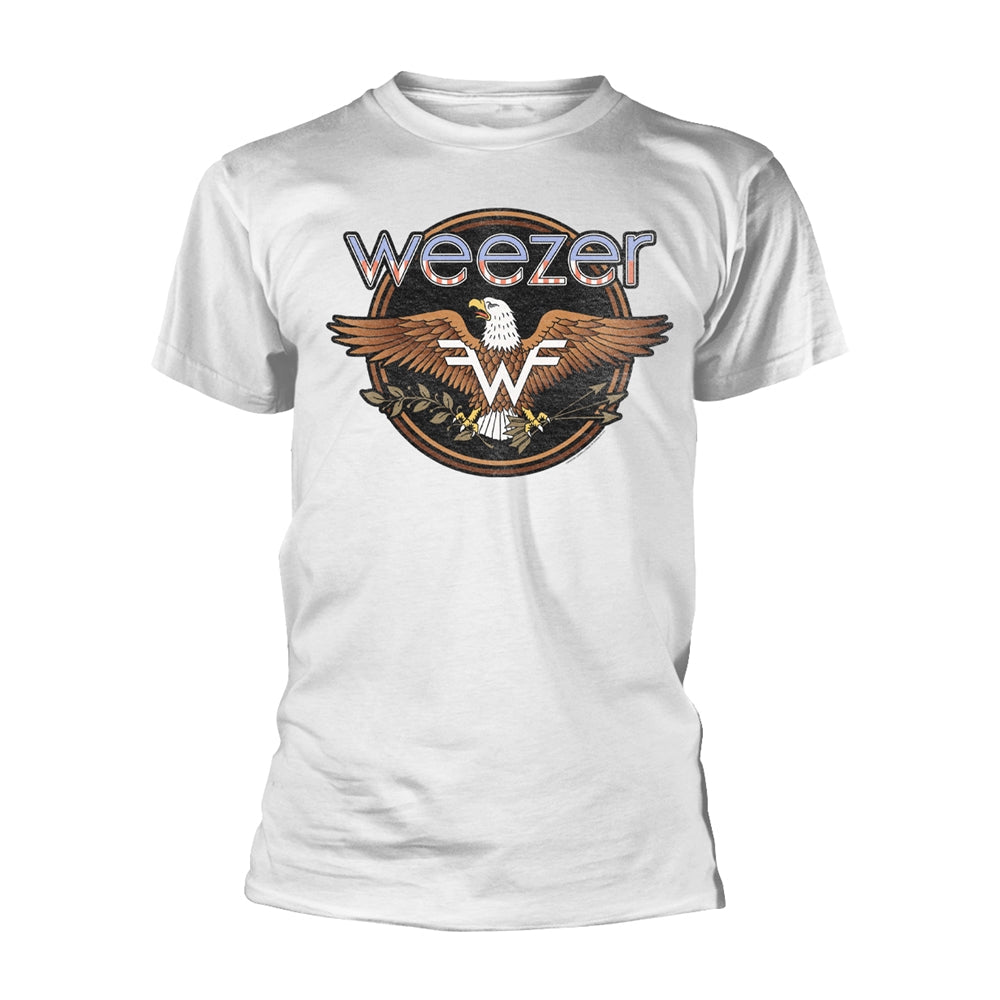 White t-shirt with a graphic of an eagle and the word "Weezer".