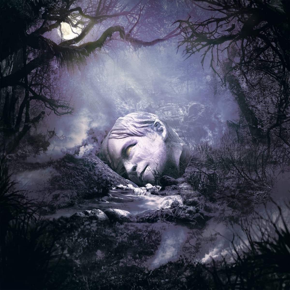 "Album cover art: a stone head by a stream, surrounded by misty trees."