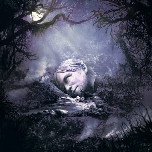 "Album cover art: a stone head by a stream, surrounded by misty trees."