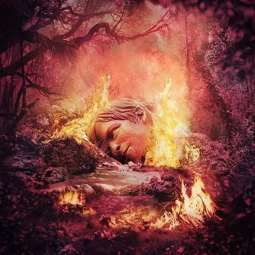Weezer's "SZNZ: Summer" vinyl cover featuring a person amidst flames and trees.
