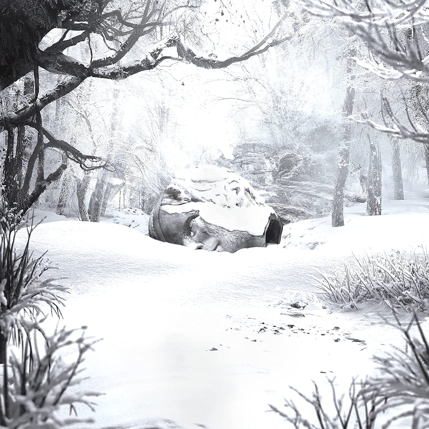 "Album cover featuring a snowy forest scene with deer and a skull."