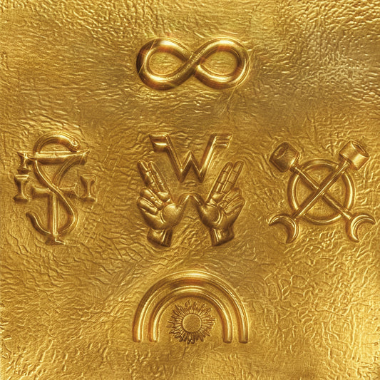 Gold album cover for Weezer featuring symbols and hand gestures.