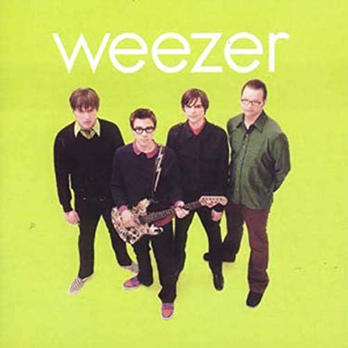 Weezer band portrait on a bright green album cover.