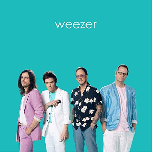 Weezer band members in pastel suits on a teal background.
