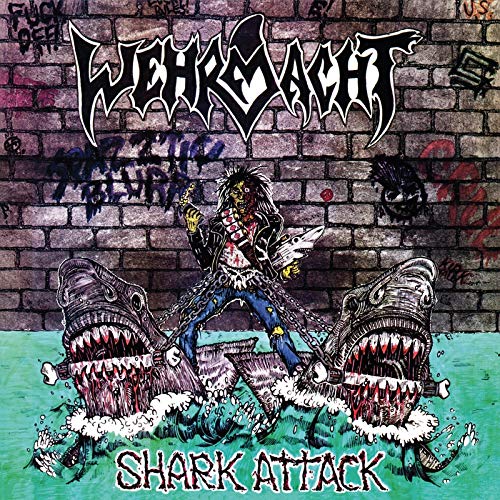 Album cover: punk figure playing guitar amidst attacking sharks and graffiti.