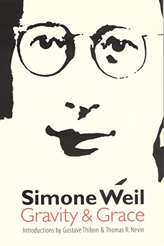 Book cover: black and white face with red title "Gravity & Grace" by Simone Weil.
