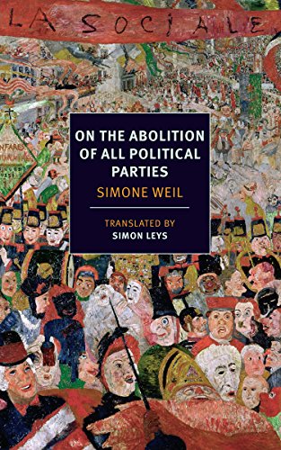 Book cover featuring a crowded, colorful painting of people with a central text box.