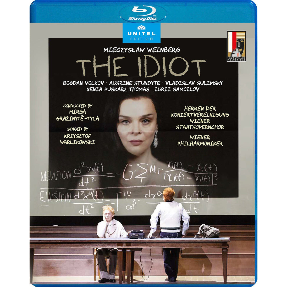 Blu-ray cover for Weinberg’s “The Idiot” opera, featuring a woman’s portrait and equations.