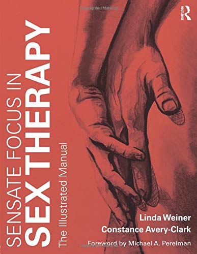 Red book cover with intertwined hands, title “Sensate Focus in Sex Therapy.”