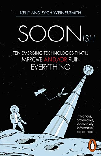 Book cover: "Soonish" with astronaut, rocket, and a tower reaching a planet.