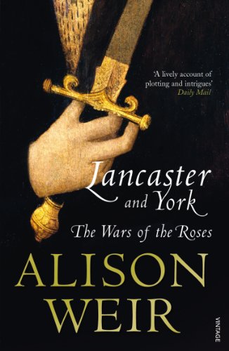 Book cover: hand holding a golden sword, title “Lancaster and York.”