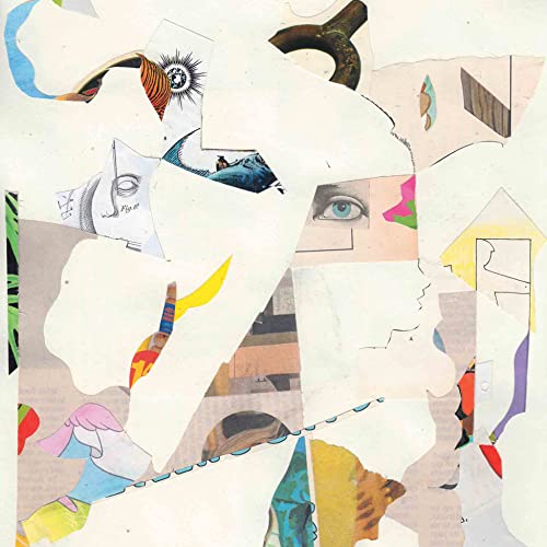 Collage of fragmented faces and shapes in muted, pastel colors.