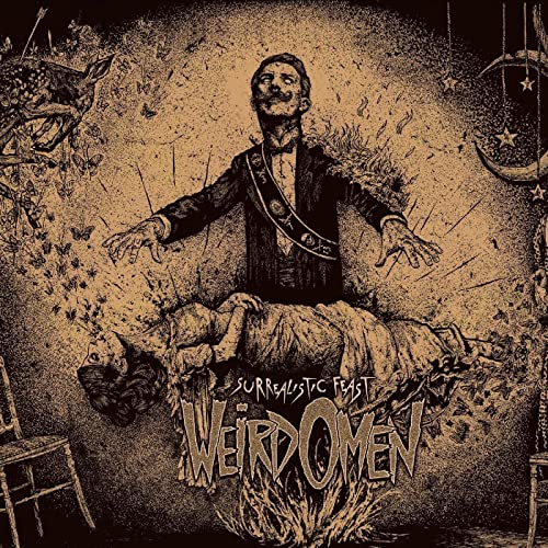 Surrealistic album cover: a man with figures and stars in a textured, sepia tone.