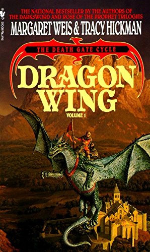 Book cover for Dragon Wing showing a rider on a dragon flying over a castle.