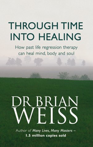 Book cover with green field and misty trees, title "Through Time Into Healing".