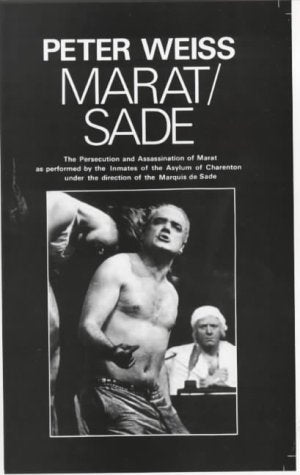 Book cover with dark colors, possibly a portrait or image of Marat or Sade.