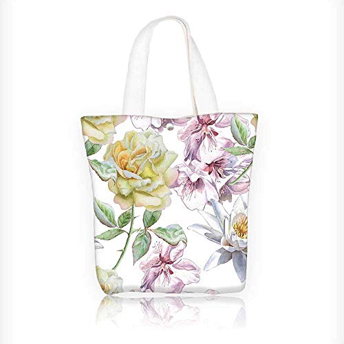 Floral tote bag with watercolor-style roses and lilies on white background.