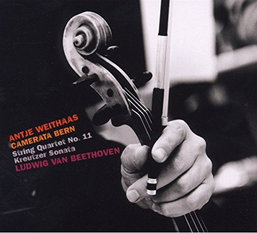 Close-up of a violin with a hand holding the bow, CD cover art.